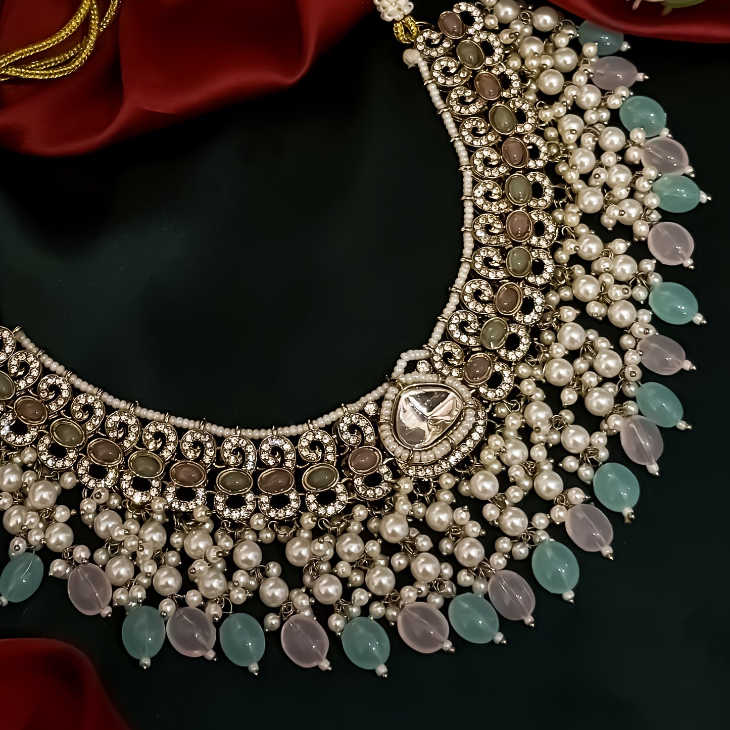 Lavya Pearl Premium Necklace Set - Pastel Pink & Pastel Green