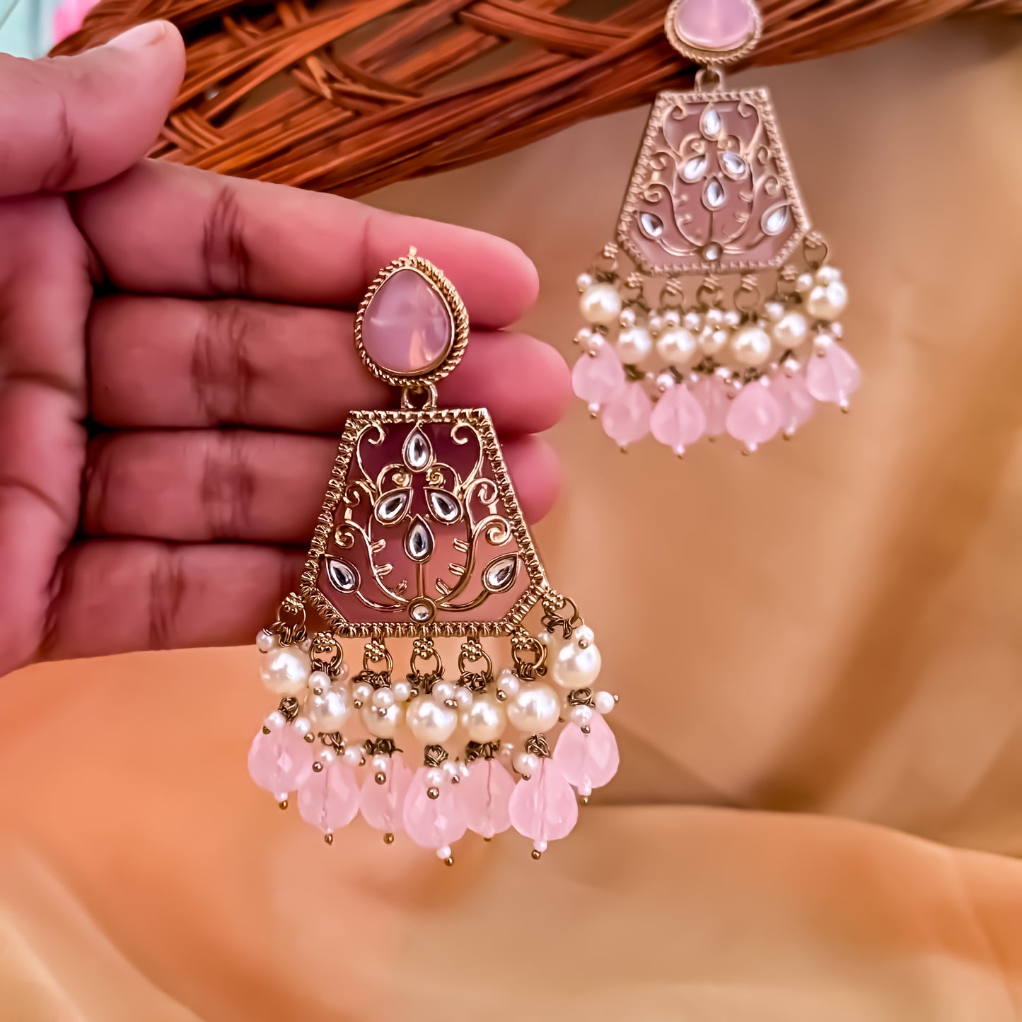 Sanskriti MOP Pearl Chandbali - Baby Pink