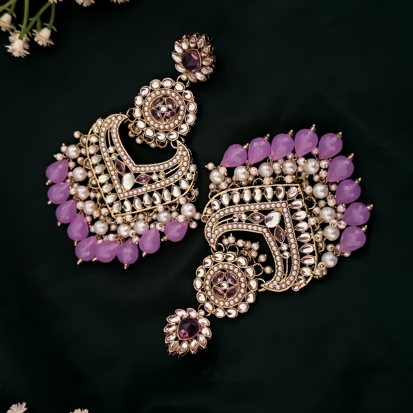 Shaba Jadau Kundan Chandbali Earrings - Lavender