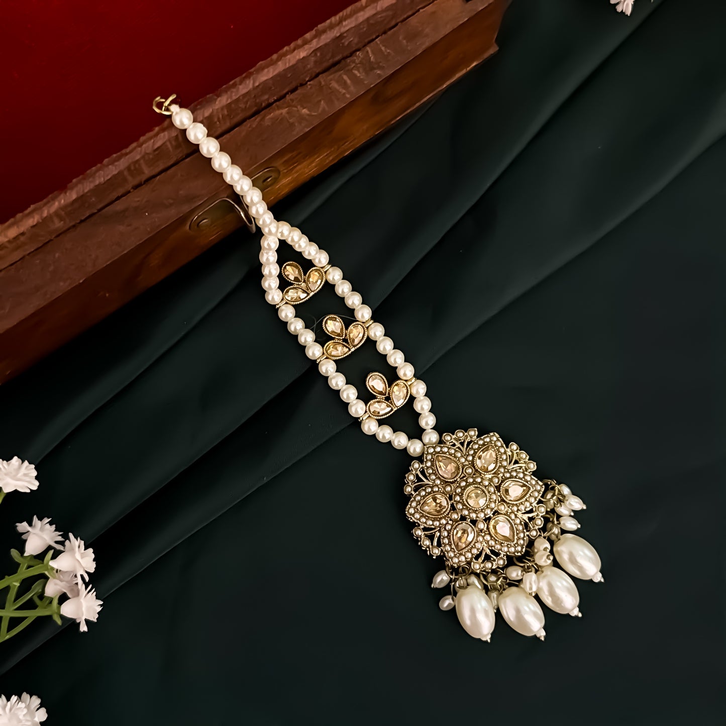 Varuna Jadau Reverse AD Jhumka & Teeka Set - Golden
