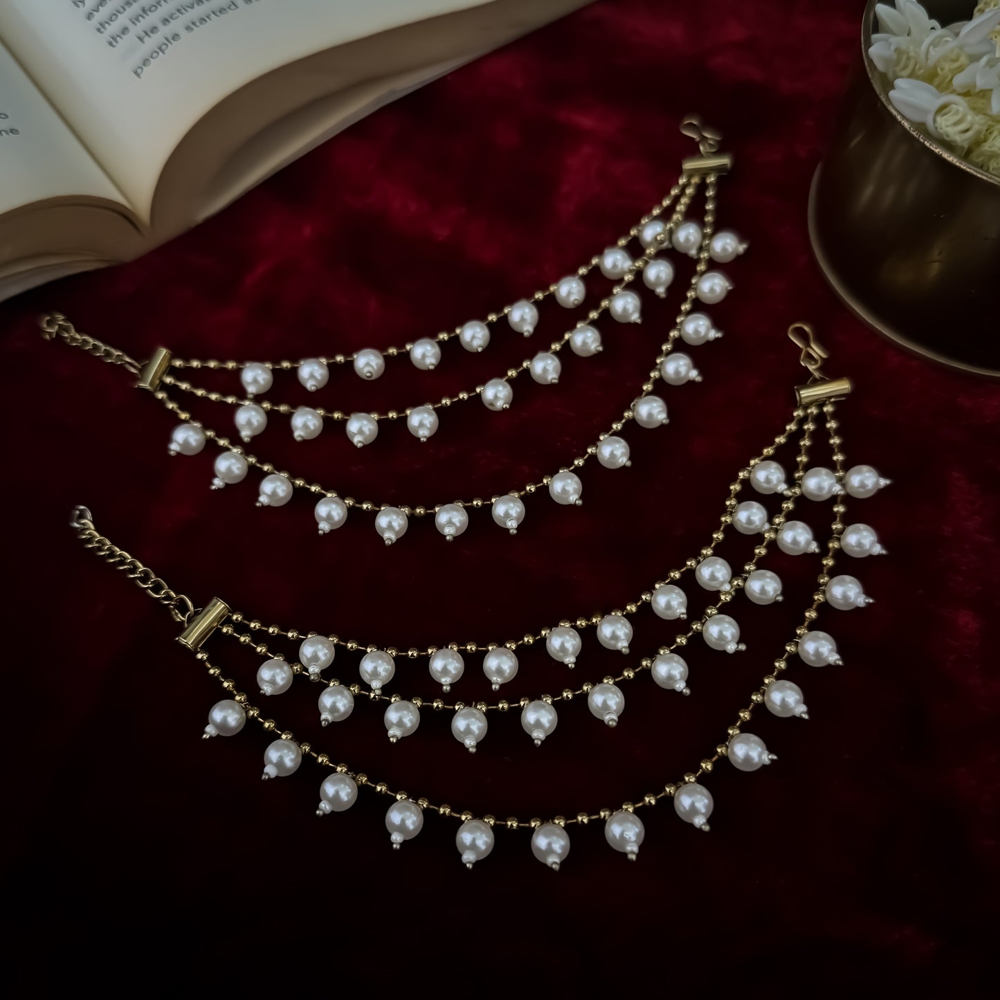 Ishana 3 Layer Pearl Detachable Earchains - Golden