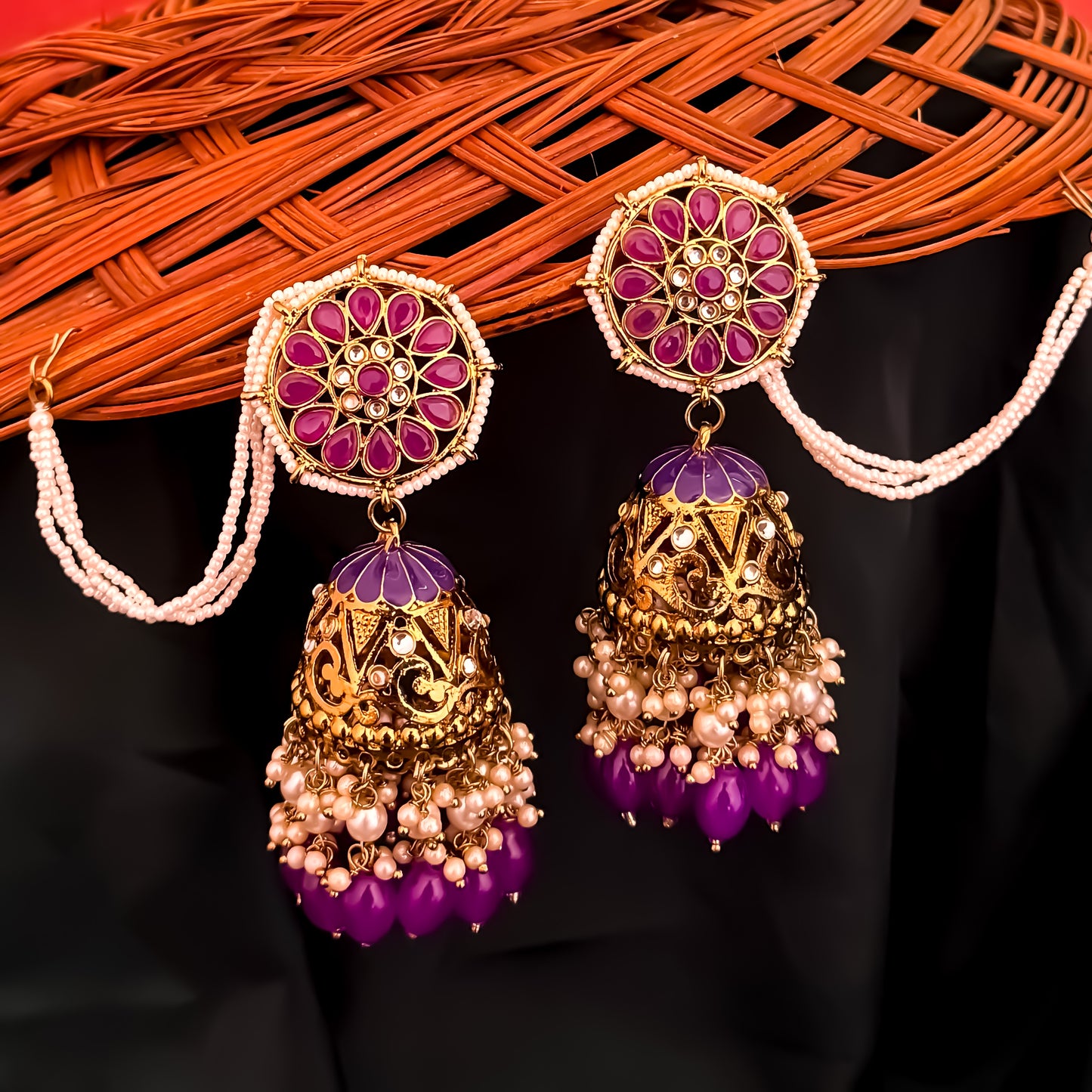 Nalini Cutwork Jhumka Earrings with Sahara- Purple