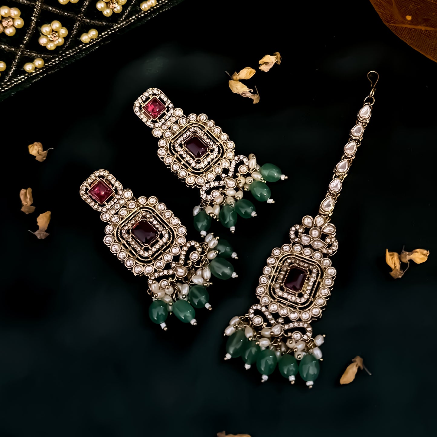 Shipra Premium Victorian AD Style Necklace Set - Ruby & Green
