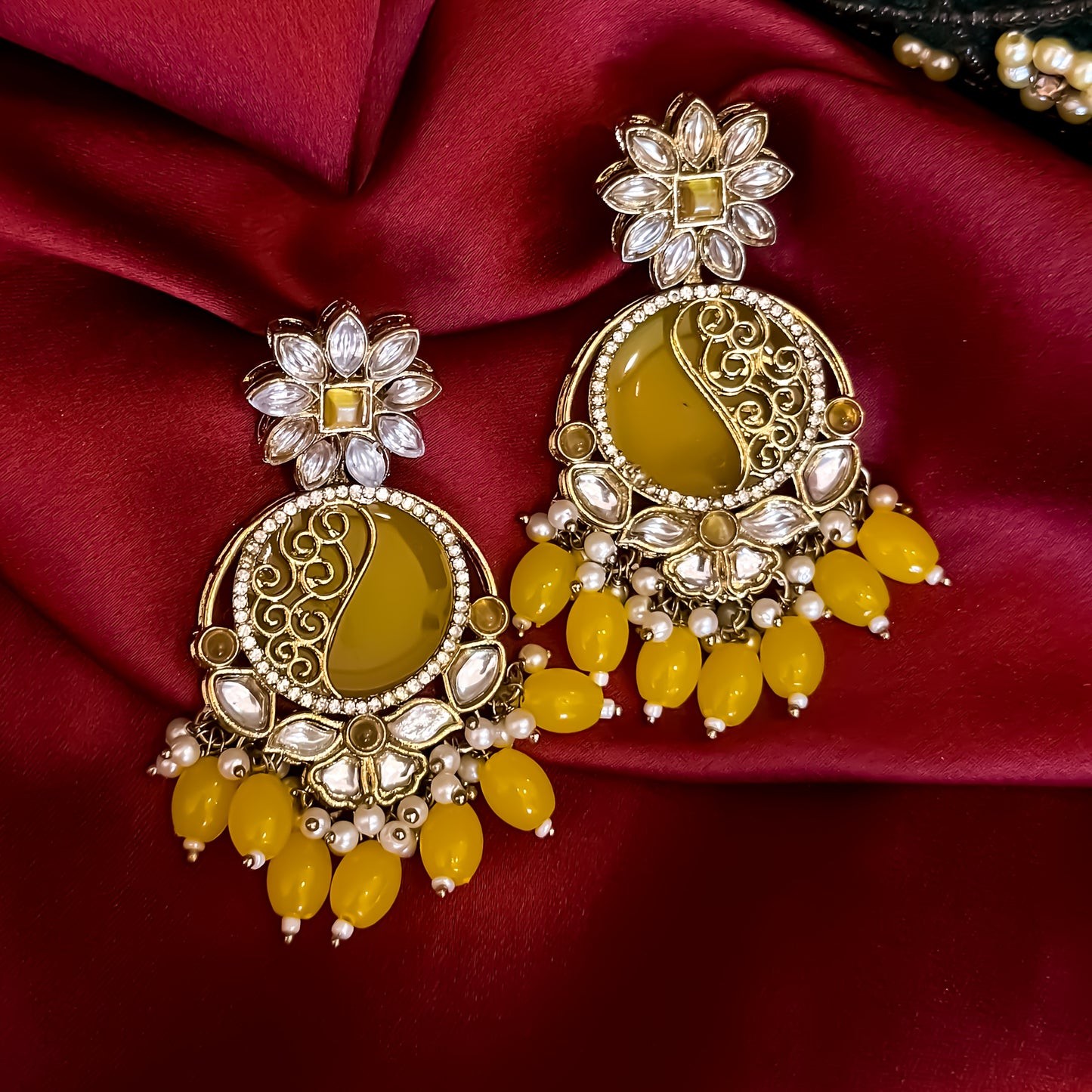 Ishika Premium Cutwork MOP Premium Chandbali Earrings - Yellow