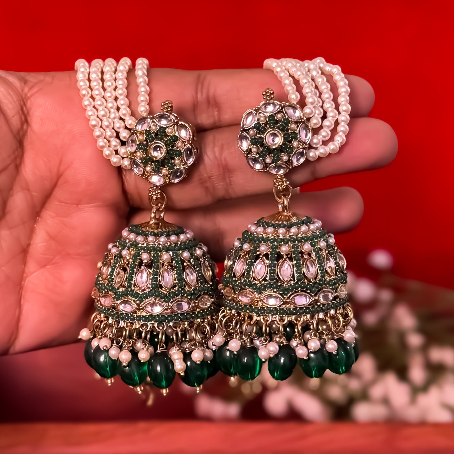 Mehvish Jadau Reverse AD Jhumka Earrings with Earchain - Green