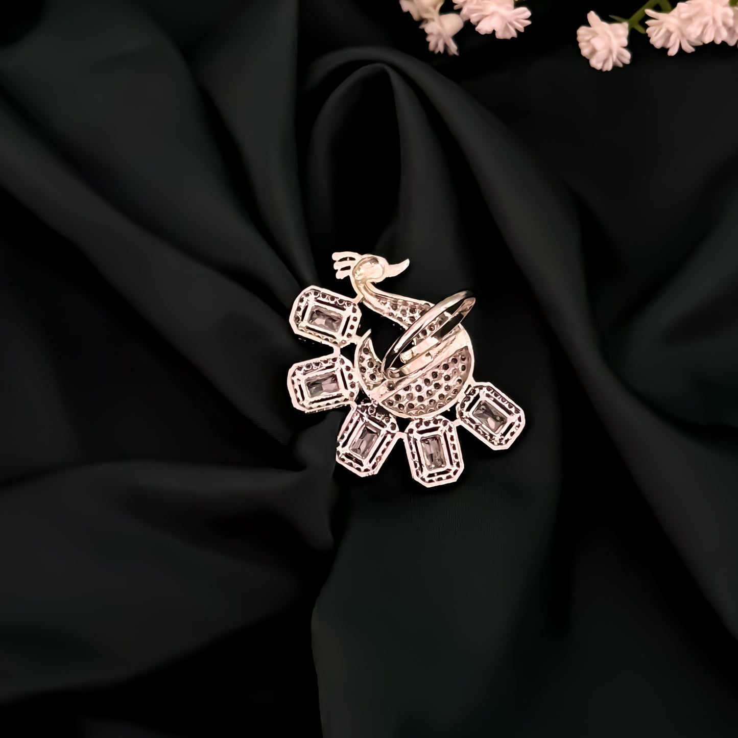 Pretty Peacock American Diamond Silver Adjustable Ring