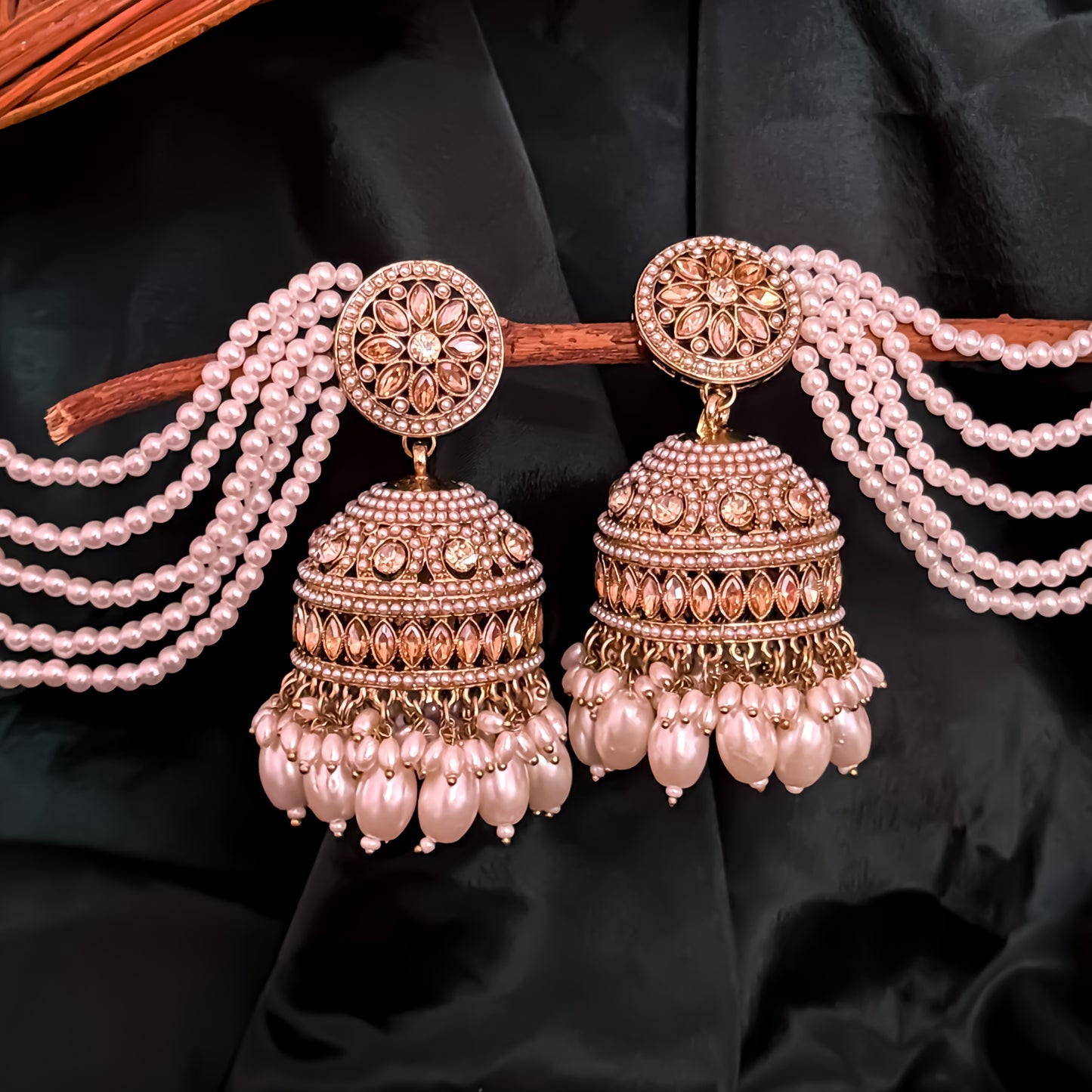 Rubina Jadau Reverse AD Jhumka Earrings with Earchain - Golden