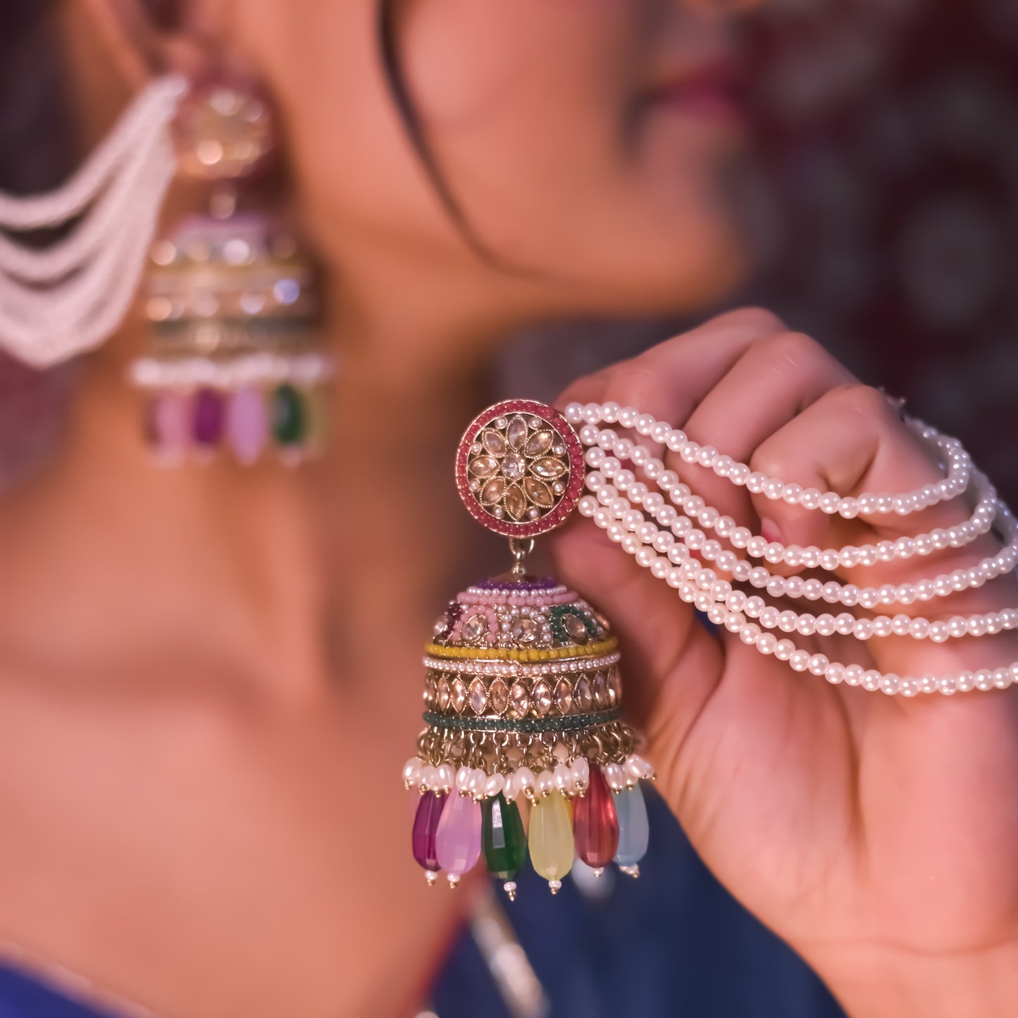 Rubina Jadau Reverse AD Jhumka Earrings with Earchain - Multi