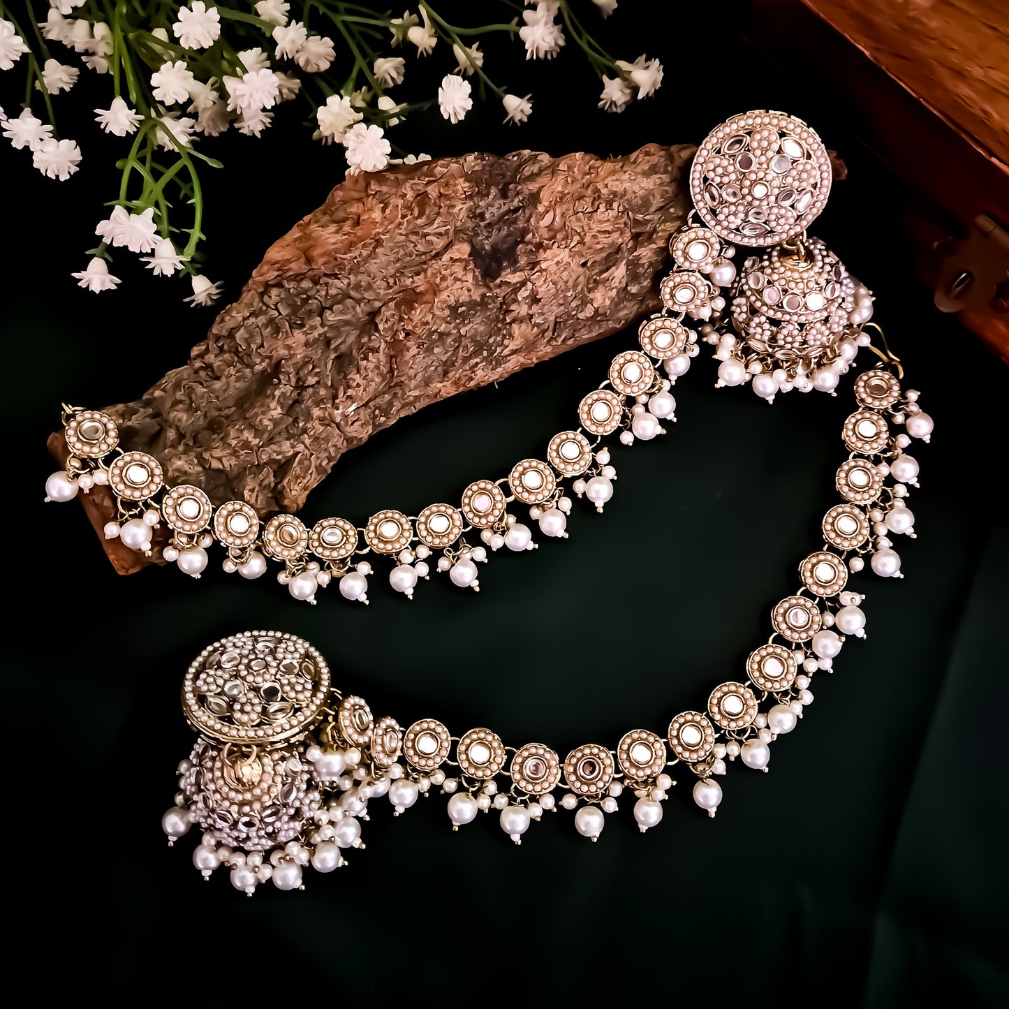 Rushda Jadau Mirror Jhumka Earrings with Sahara/Earchains - Golden