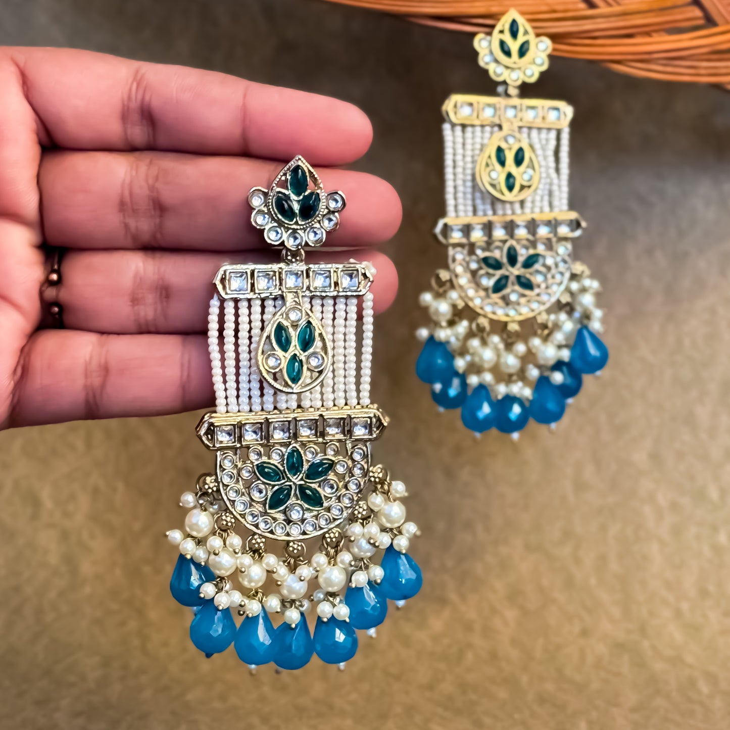 Kamya Pearl Chandbali Earrings- Firozi