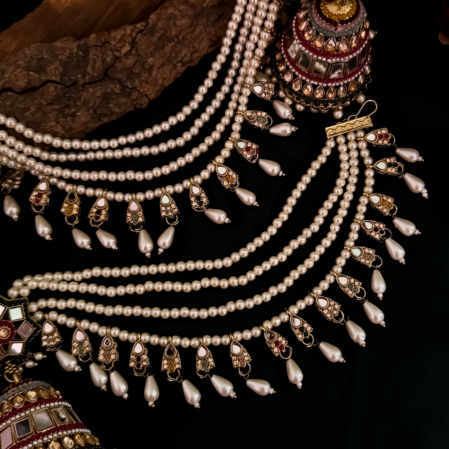 Rani Padmavat Jadau Jhumka Earrings with Sahara & Teeka - Multi