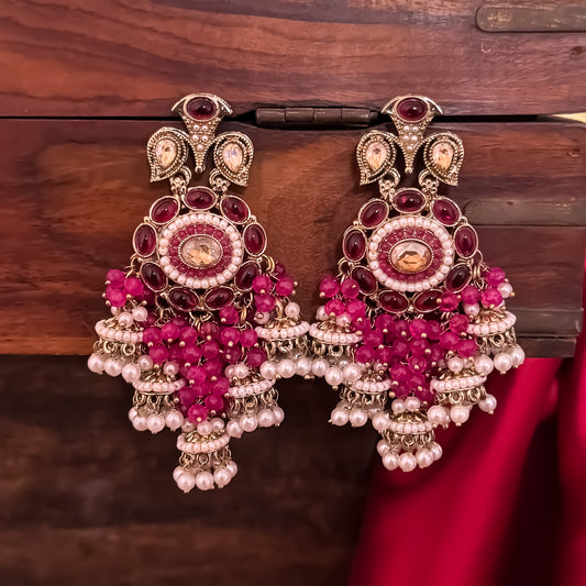 Heer Pearl Jhumka Chandbali Earrings - Magenta Pink