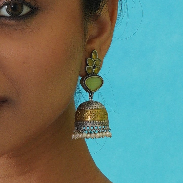 Monalisa Dual Tone Brass Jhumka Earrings - Lemon Yellow