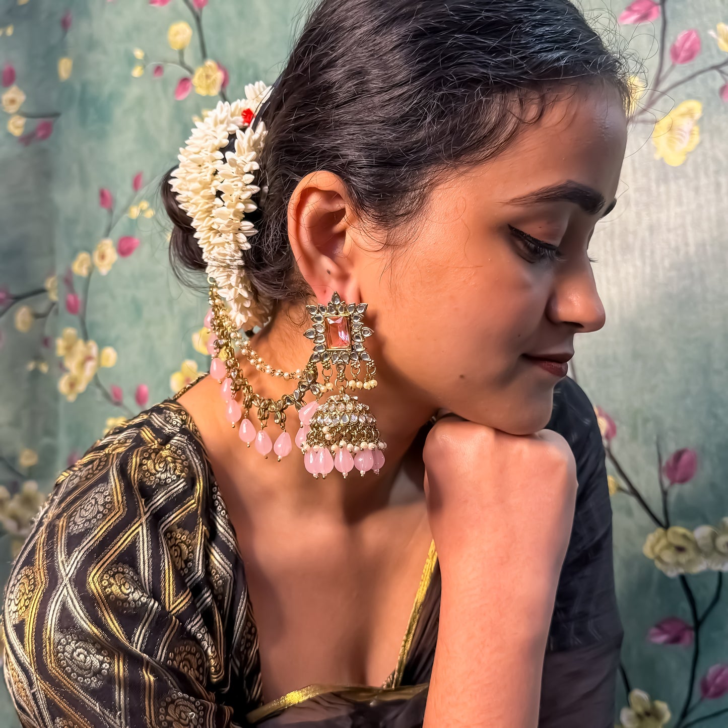 Manavi Mirror Jhumka with Teeka & Sahara- Baby Pink