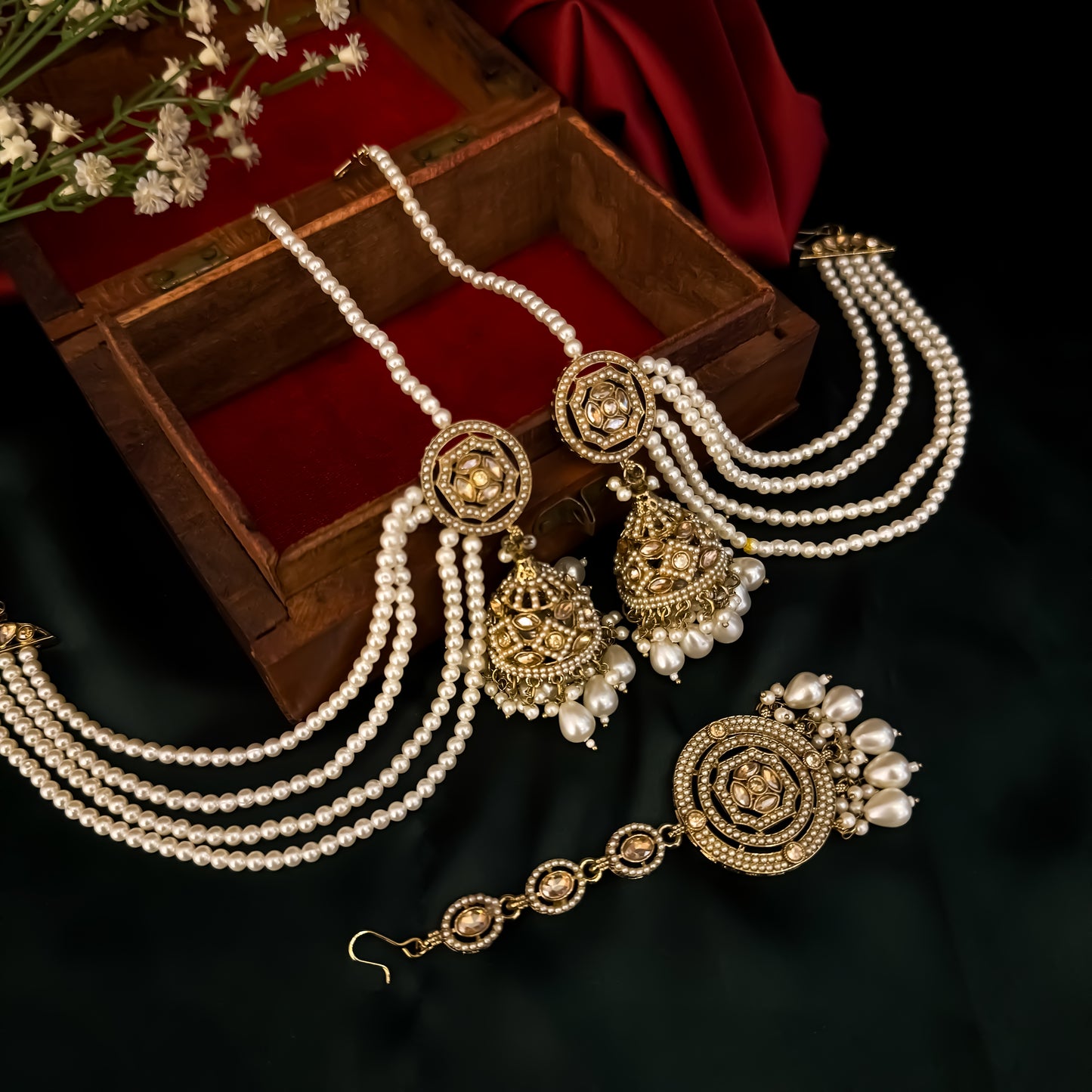 Iqra Jadau Reverse AD Jhumka Earrings with Sahara & Teeka - Golden