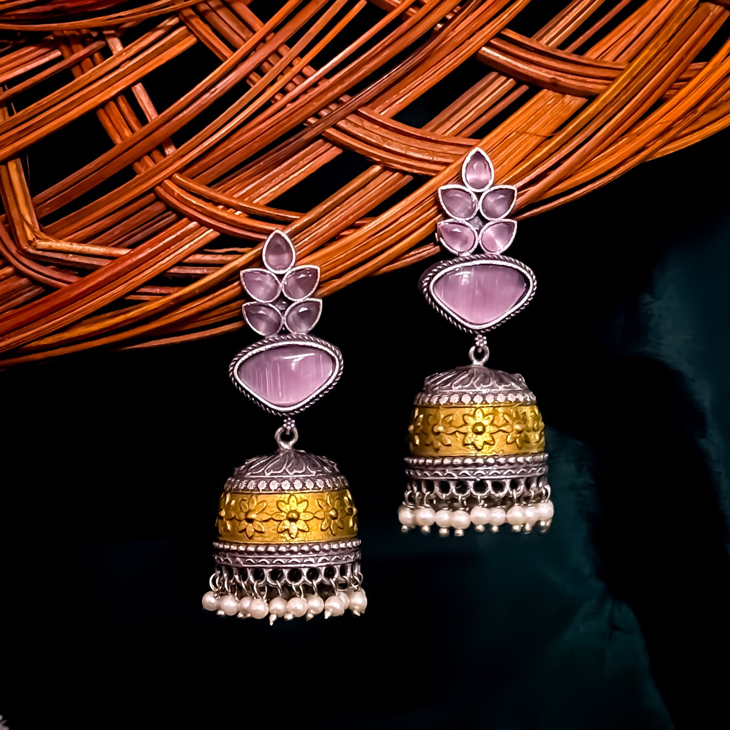 Monalisa Dual Tone Brass Jhumka Earrings - Pastel Pink