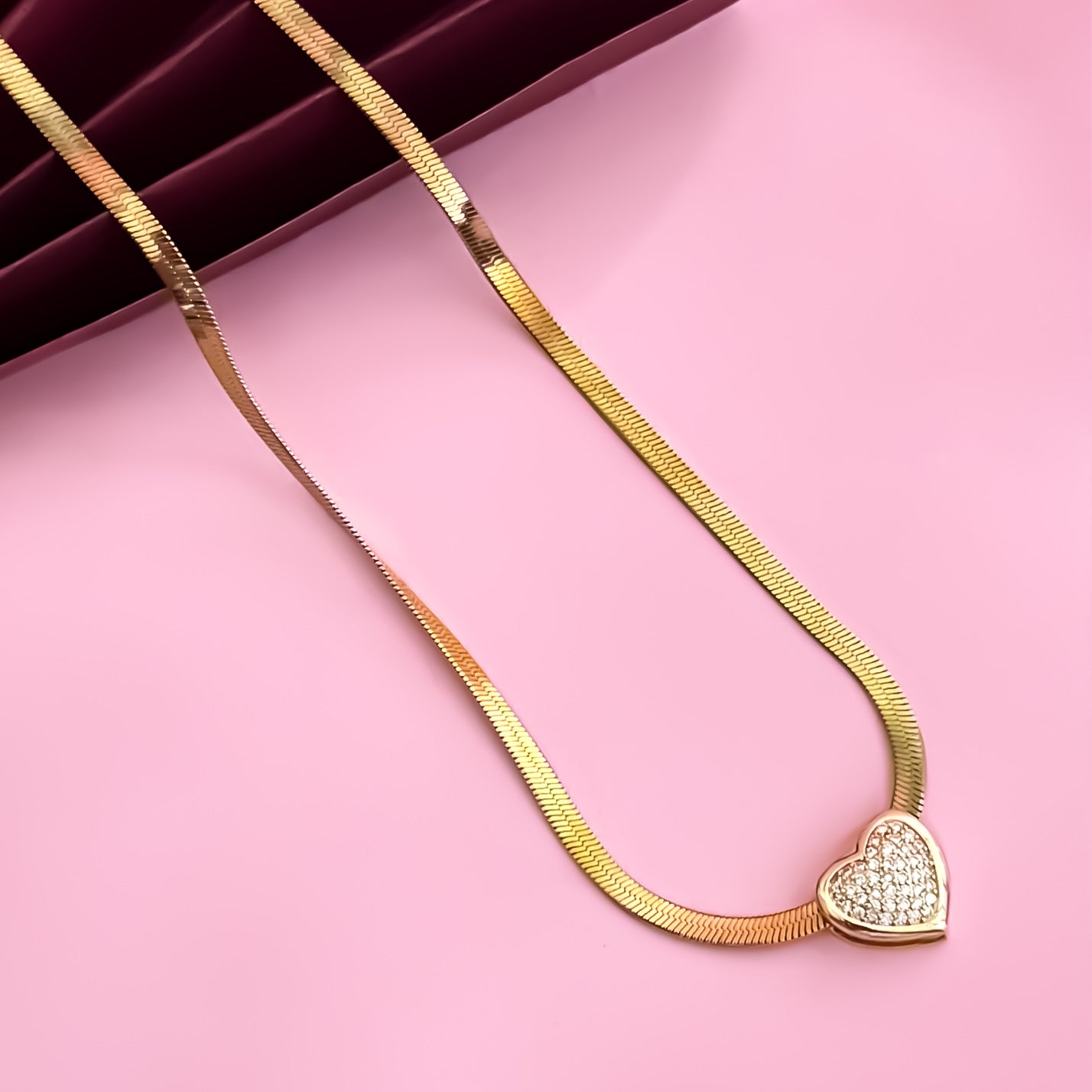 Luna 18K Gold Plated AntiTarnish Snake Chain with Heart Golden AD Pendant