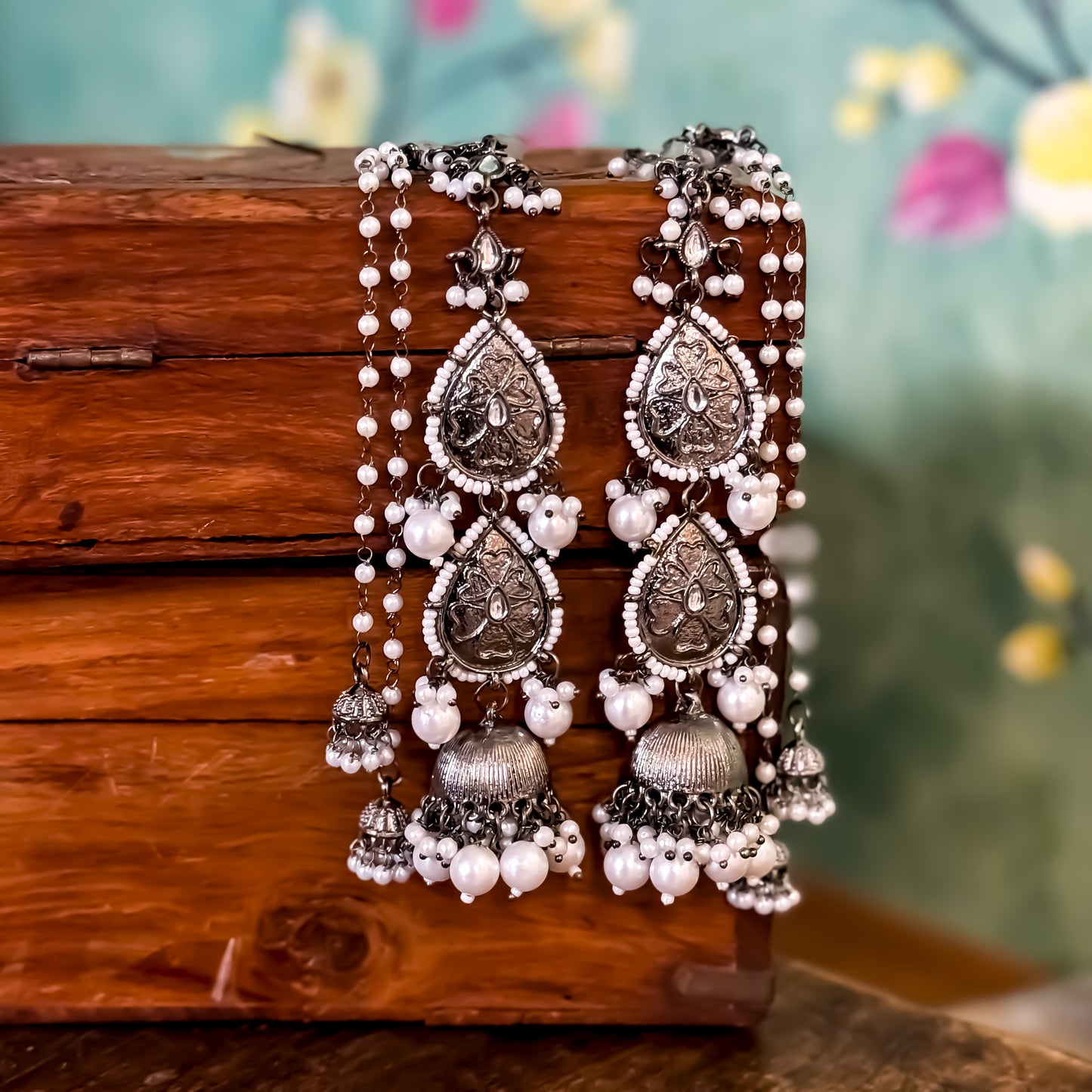 Kimaya Kashmiri Black Metal Jhumka with Earchains