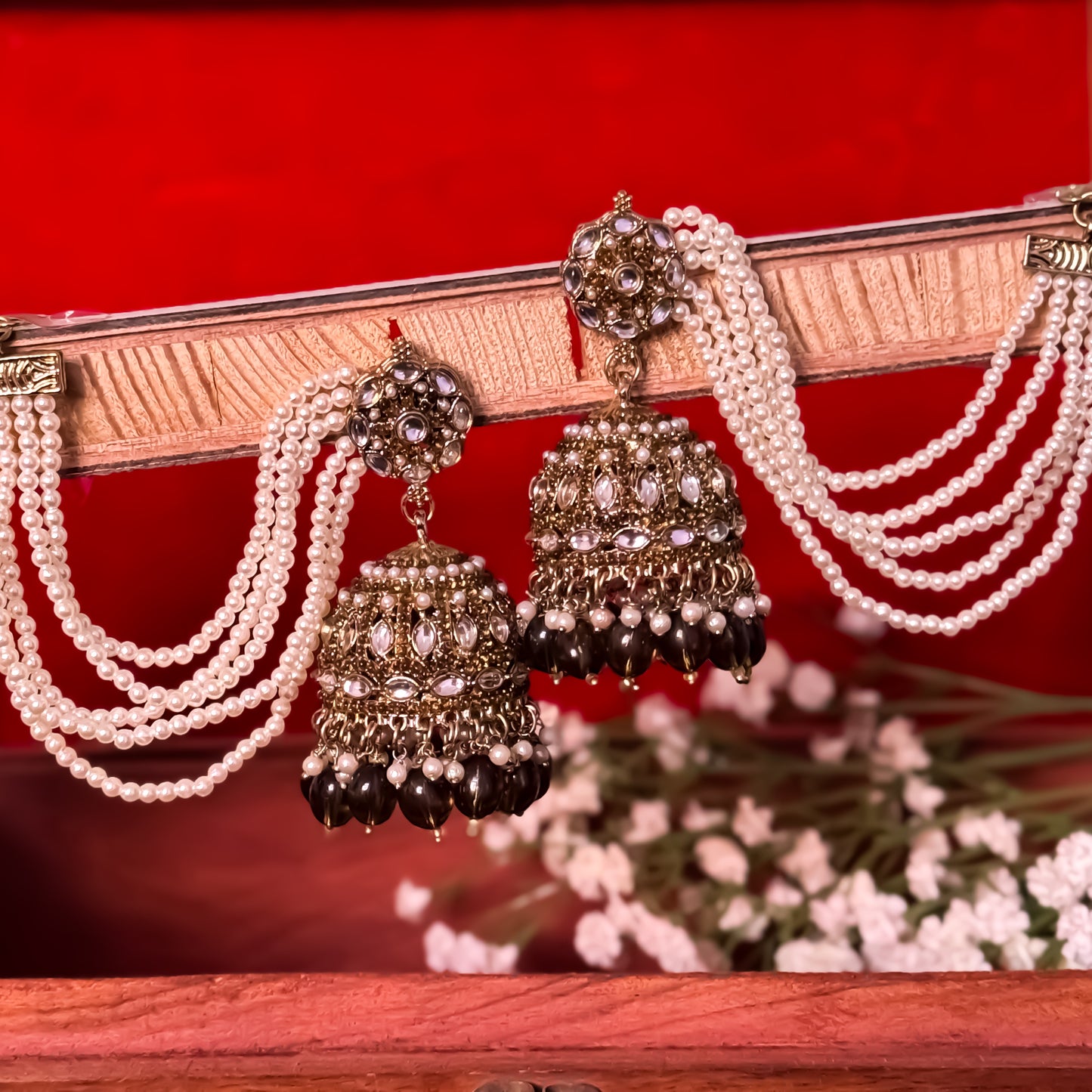Mehvish Jadau Reverse AD Jhumka Earrings with Earchain - Mehendi Green