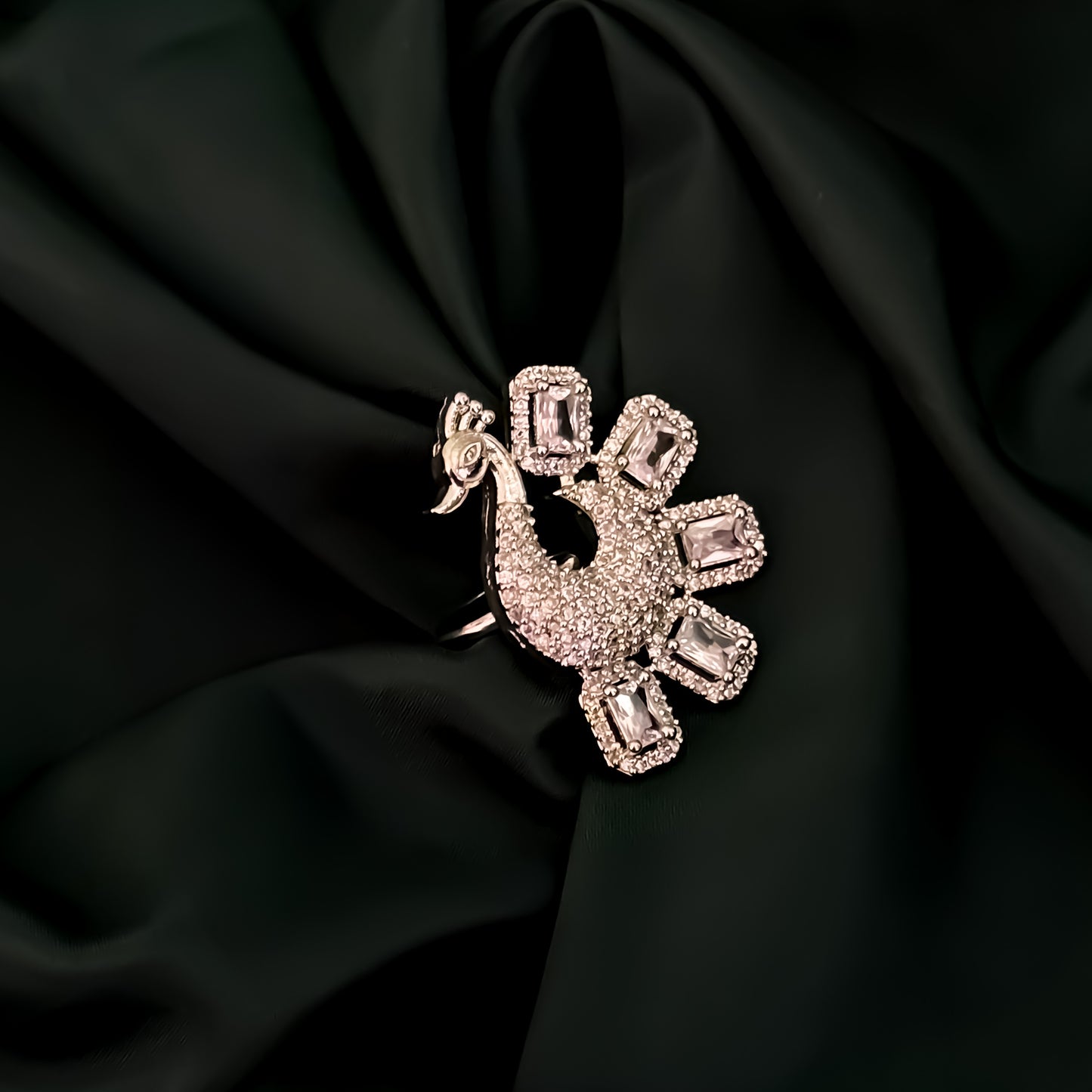 Pretty Peacock American Diamond Silver Adjustable Ring