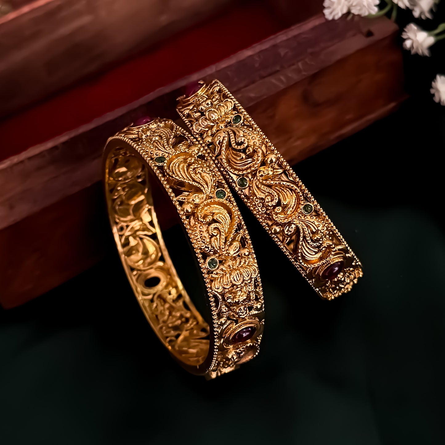 Padmini Peacock Temple Gold Bangles - Set of 2 (Golden)