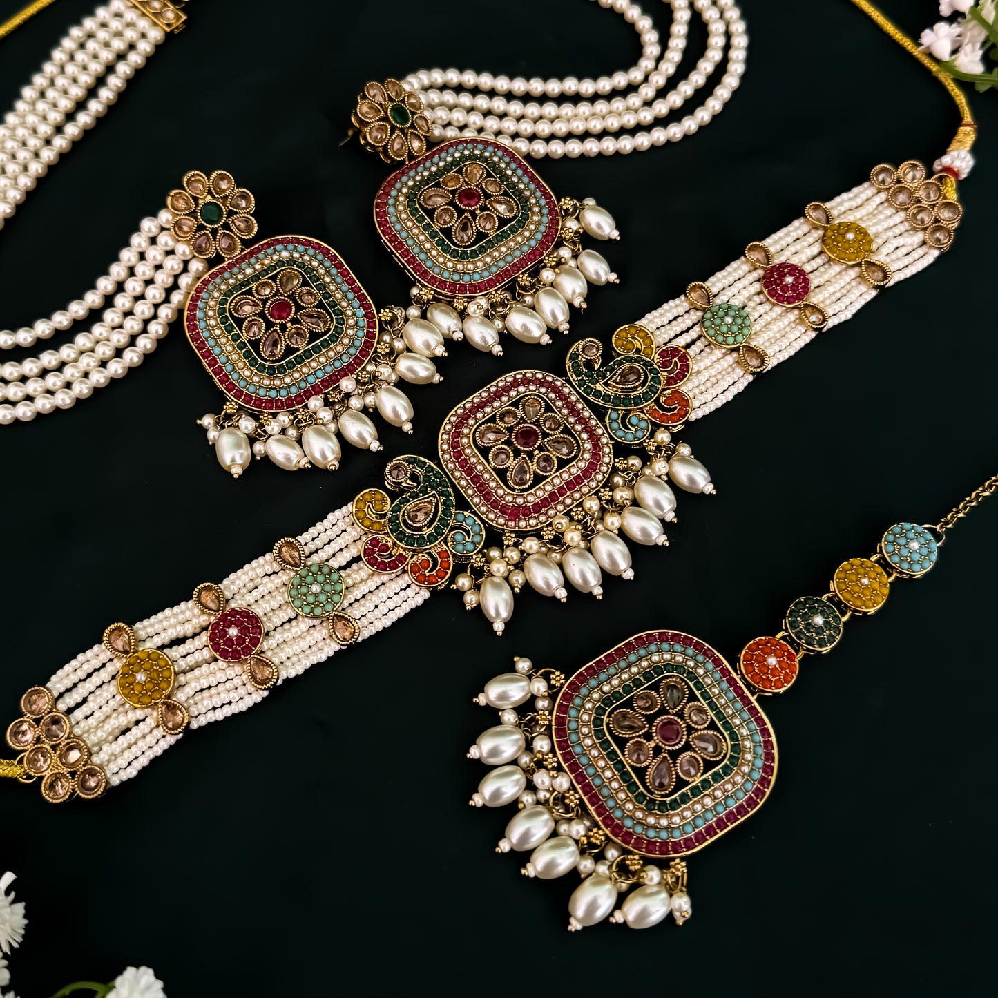 Raisha Jadau Reverse AD Necklace Set-Multi
