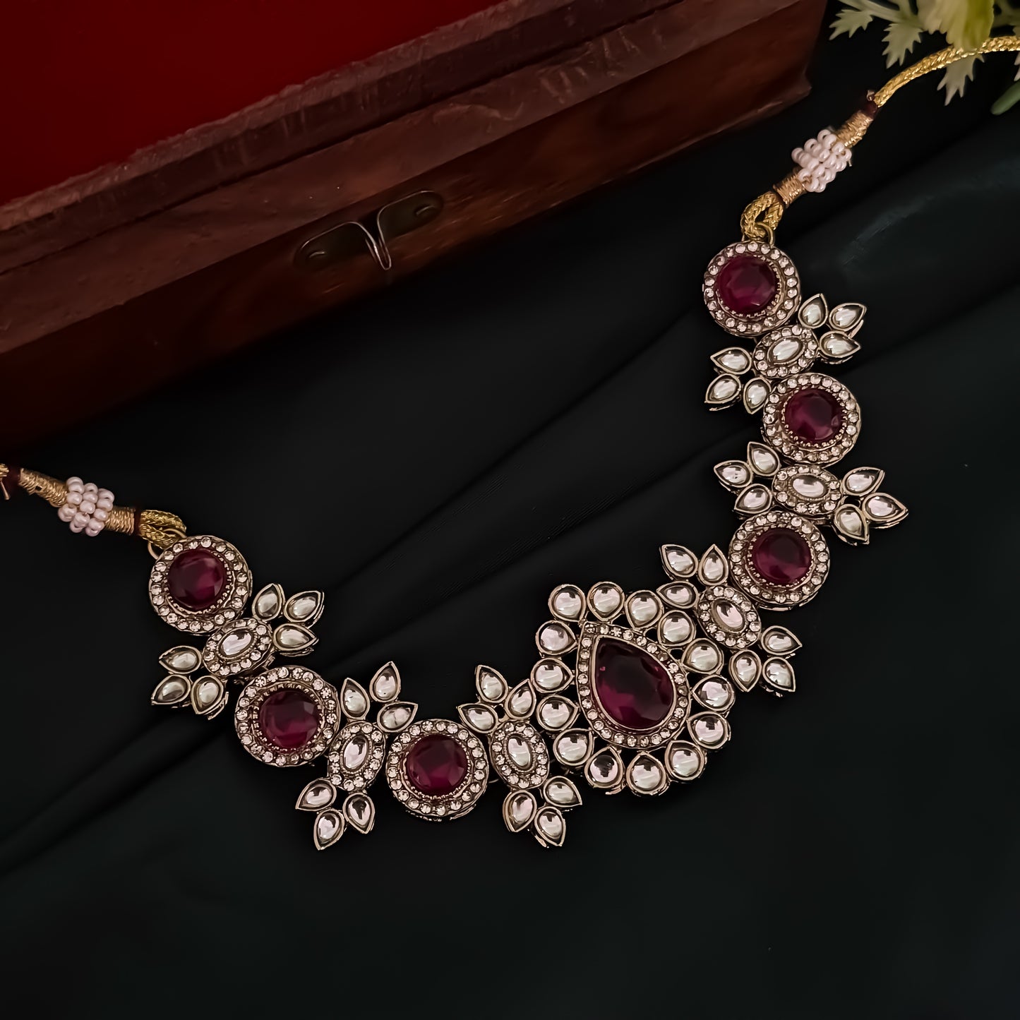 Israt Kundan Necklace Set - Wine