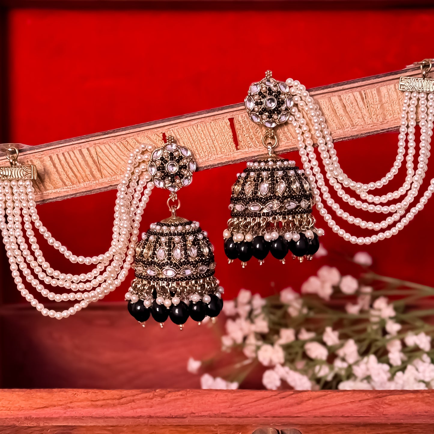 Mehvish Jadau Reverse AD Jhumka Earrings with Earchain - Black