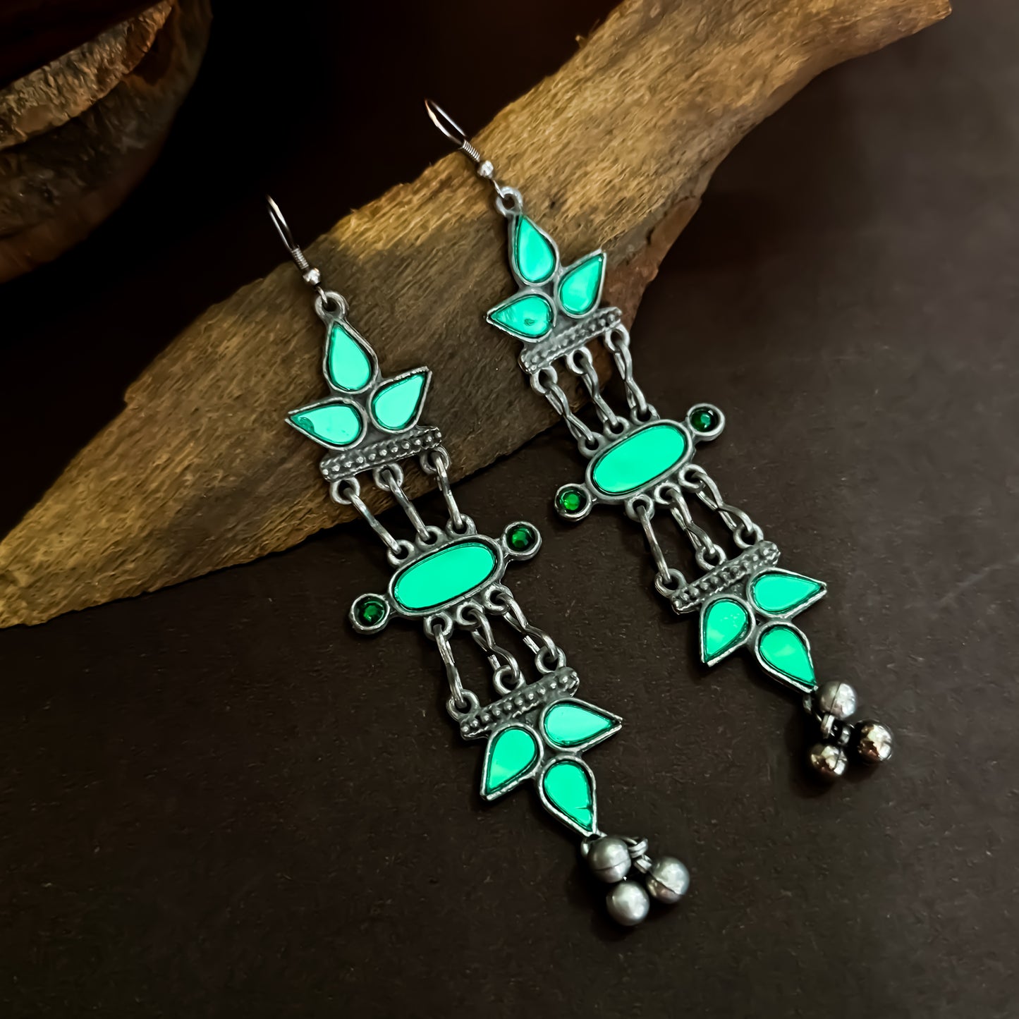 Vasundhara Afghani Vintage Mirror Earrings - Green