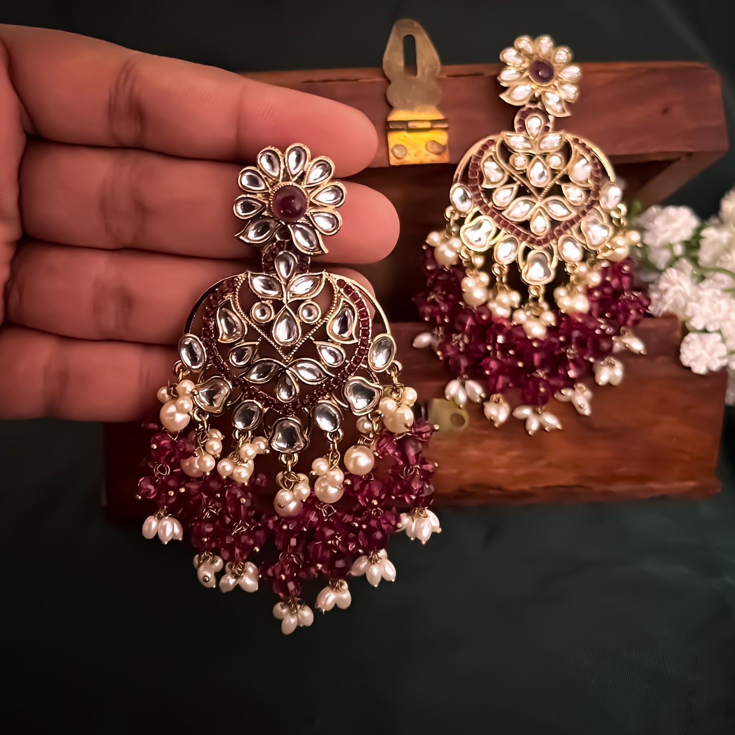Aayat Kundan Pearl Chandbali Earrings - Wine