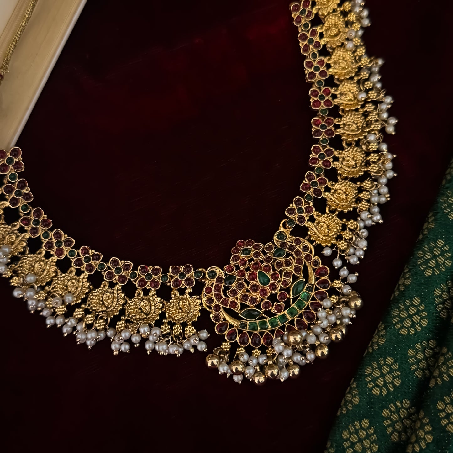 Kalyani Temple Motif Necklace Set - Pink & Green
