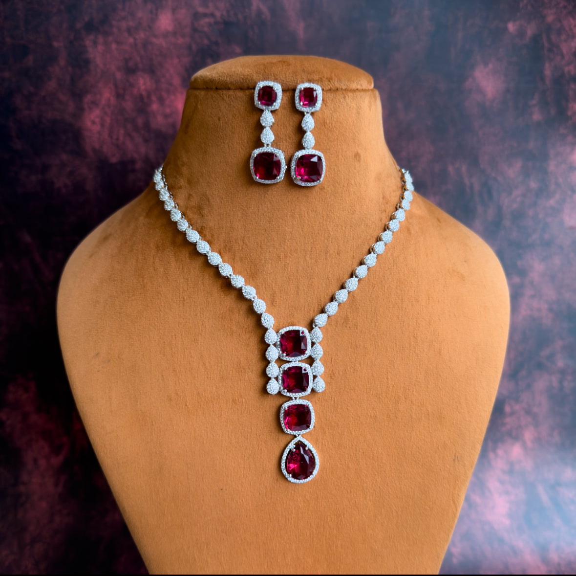 Emily Designer AD Necklace Set- Ruby Red