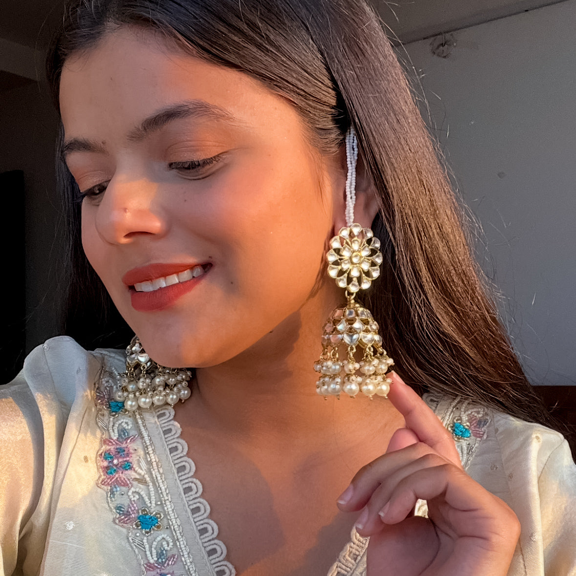 Indra Kundan Cutwork Jhumka Earrings - Golden