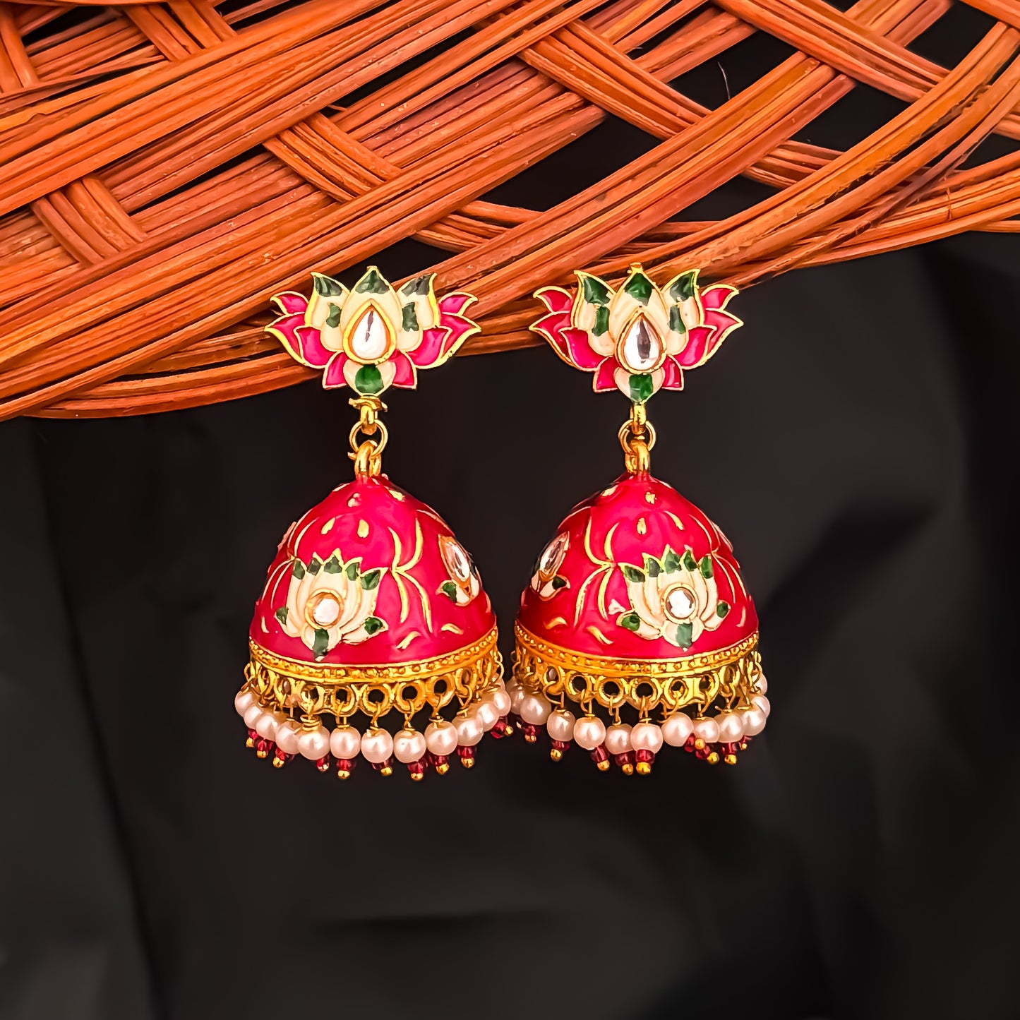 Lotus Meenakari Jhumka Earrings- Pink