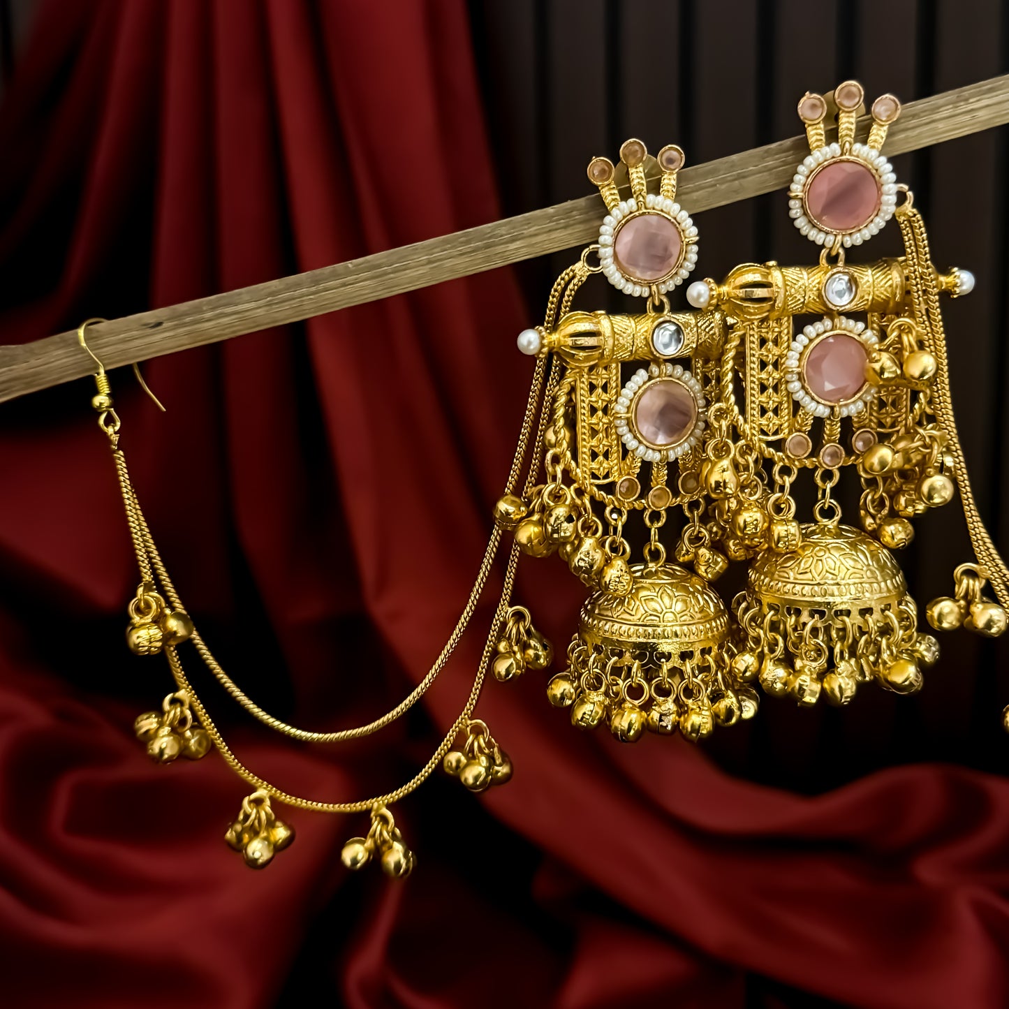 Madhumika Kashmiri Jhumka with Earchain Ghunghroo Earrings - Pastel Pink