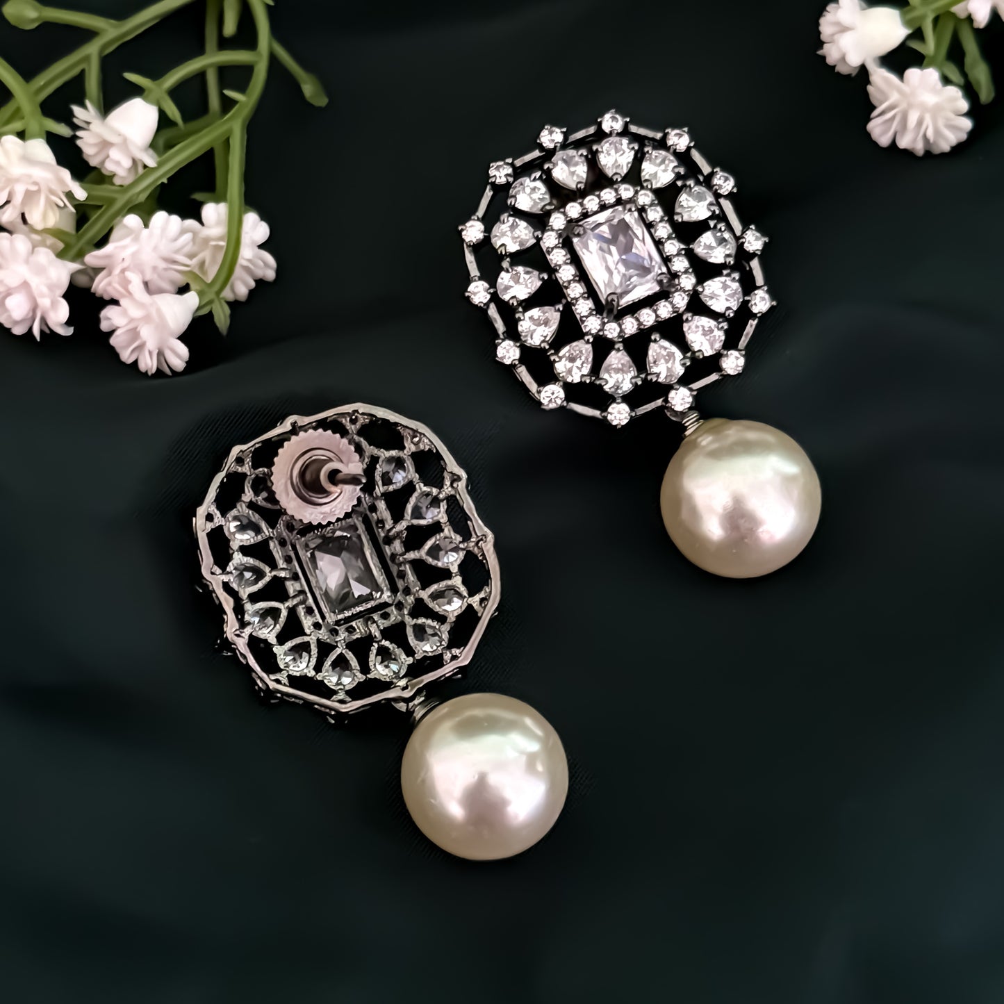 Fiona American Diamond Pearl Drop Stud Earrings - Crystal White