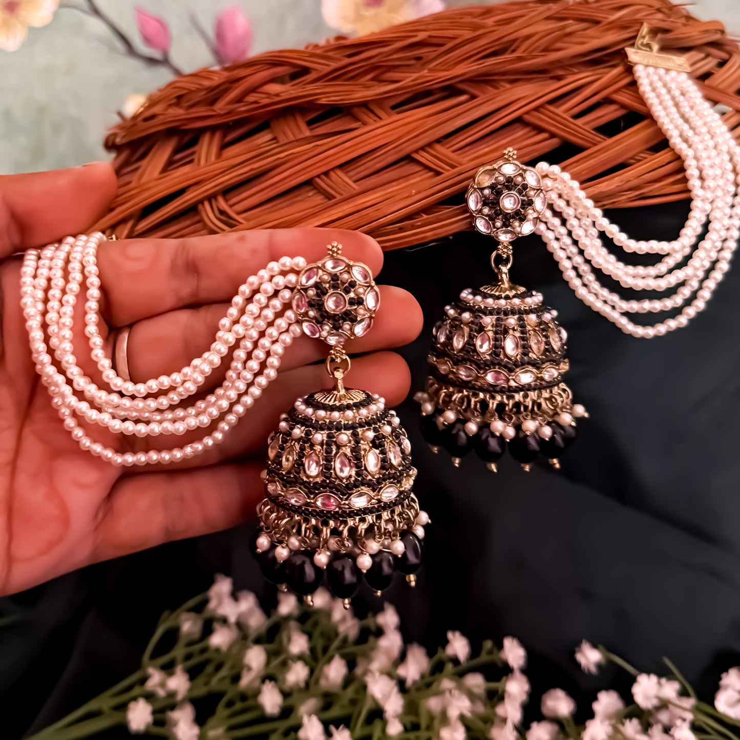 Mehvish Jadau Reverse AD Jhumka Earrings with Earchain - Black