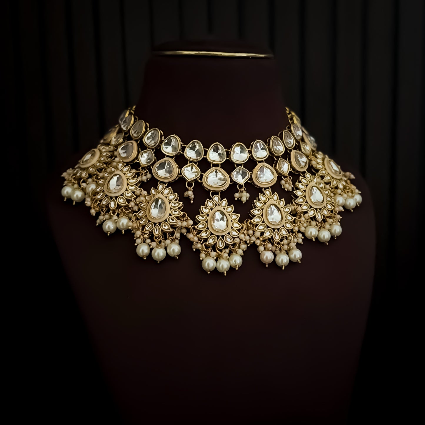 Swaraaj Premium Pearl Kundan Bridal Necklace Set - Golden