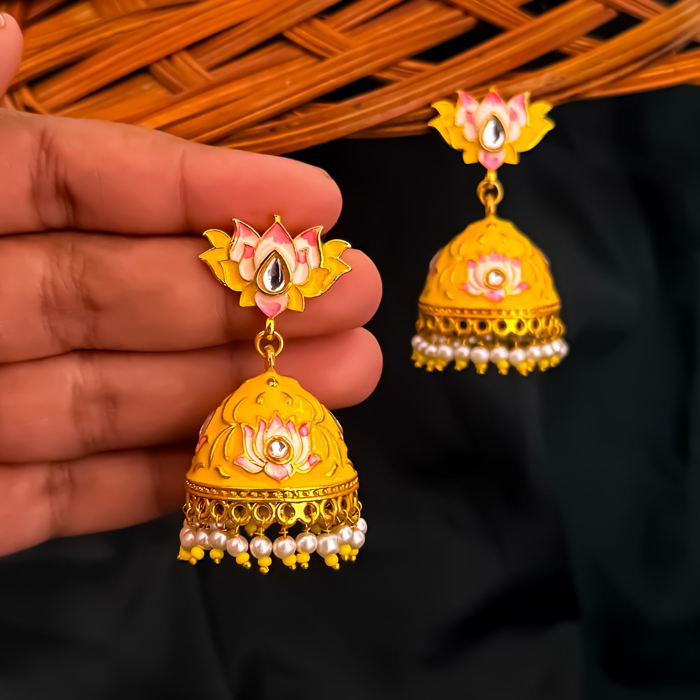 Meenakari Lotus Jhumka Earrings- Yellow