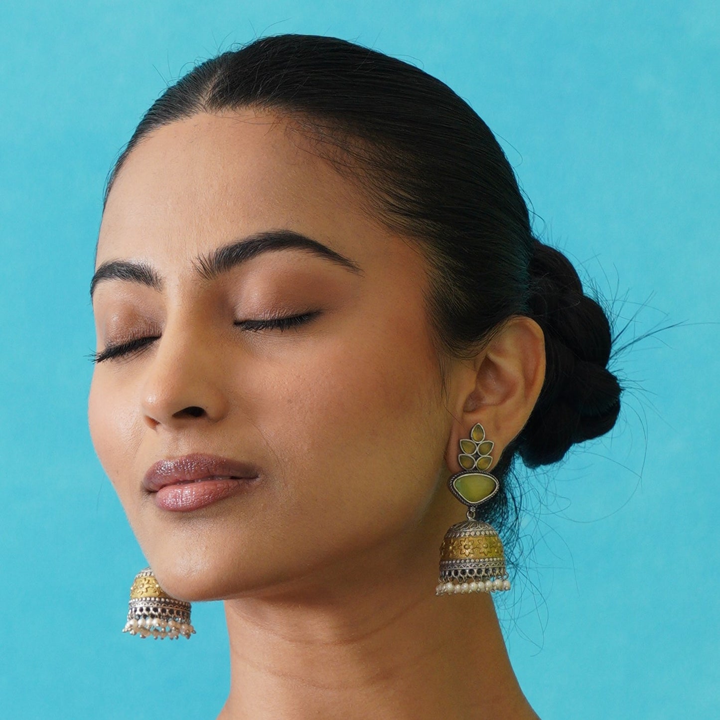 Monalisa Dual Tone Brass Jhumka Earrings - Lemon Yellow