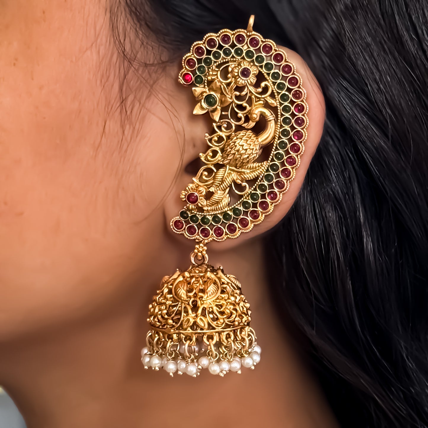 Dhanashree Premium Peacock Temple Gold Earcuff Earrings
