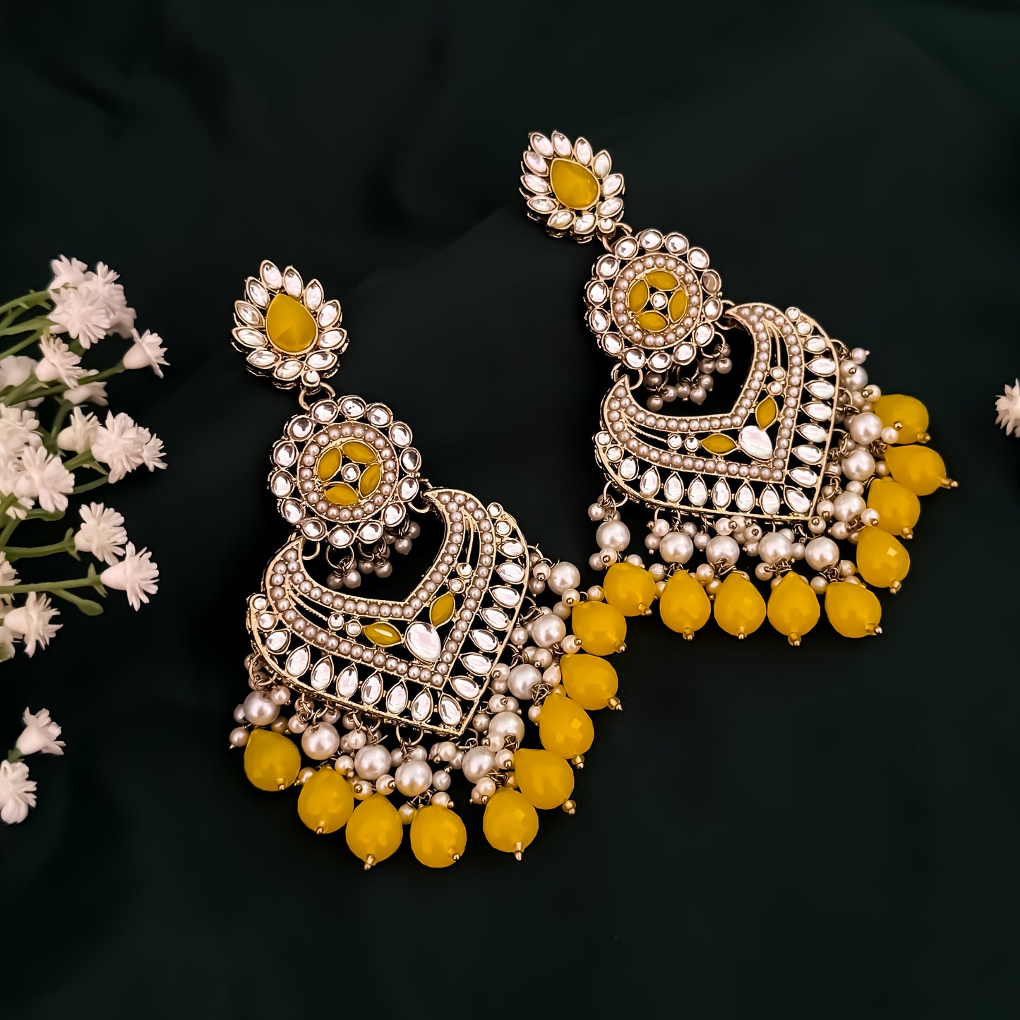 Shaba Jadau Kundan Chandbali Earrings - Yellow