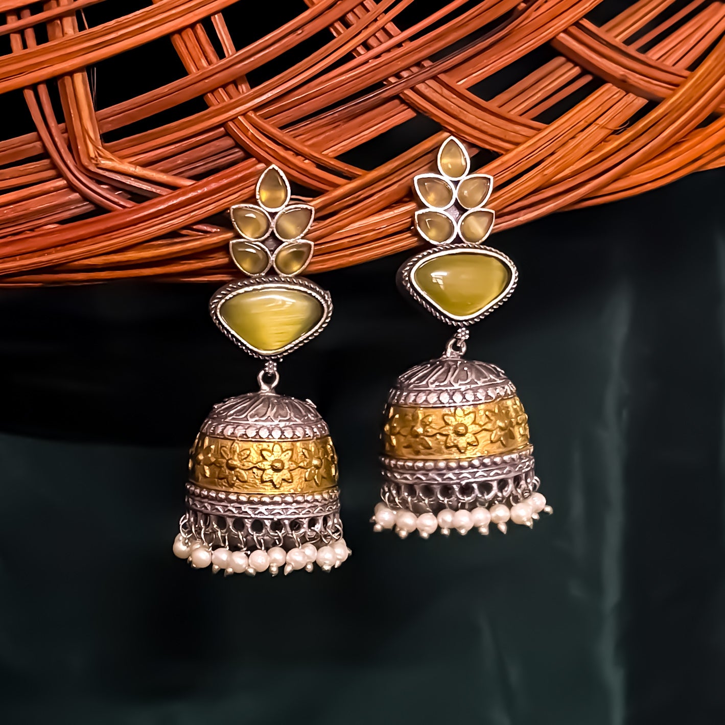 Monalisa Dual Tone Brass Jhumka Earrings - Lemon Yellow