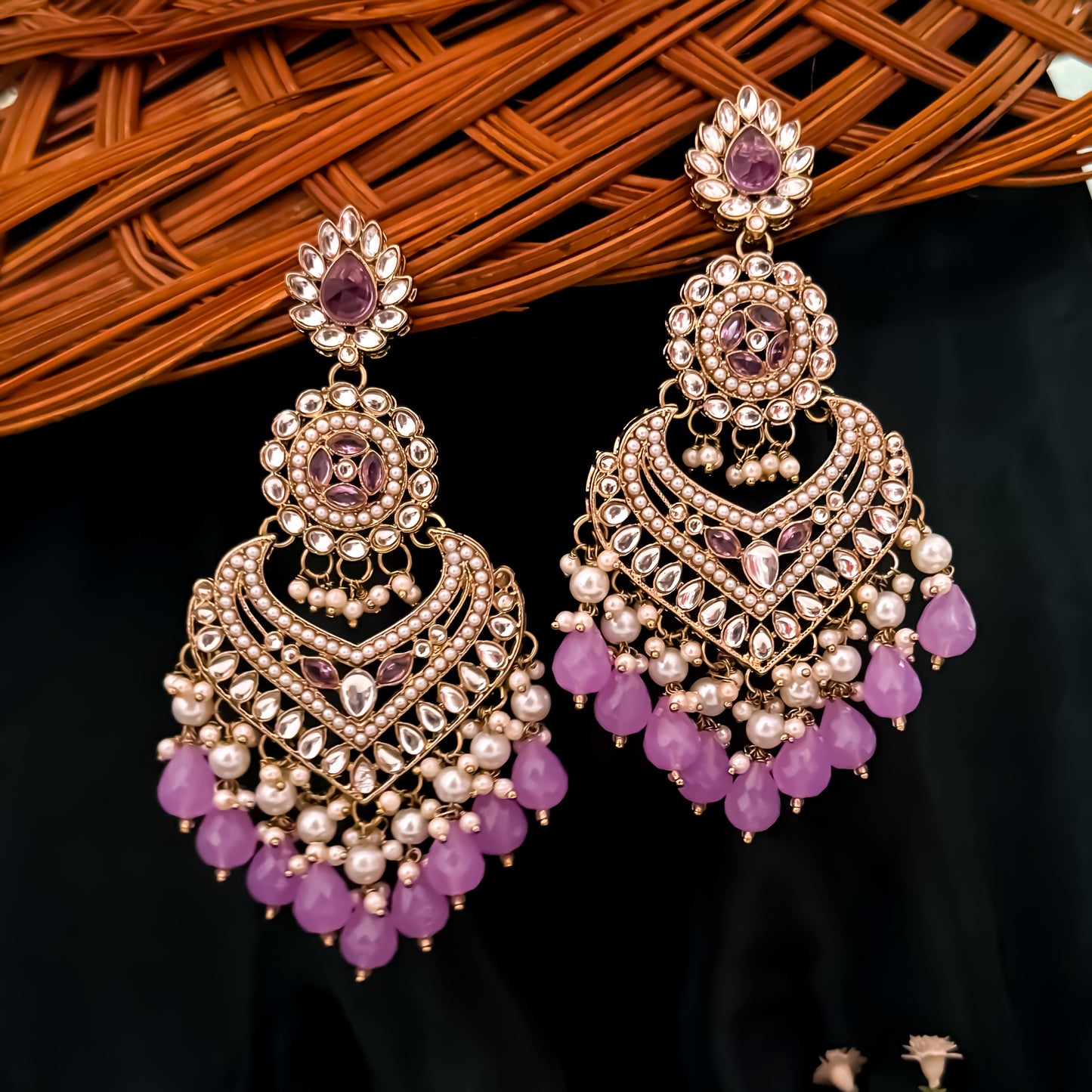 Shaba Jadau Kundan Chandbali Earrings - Lavender