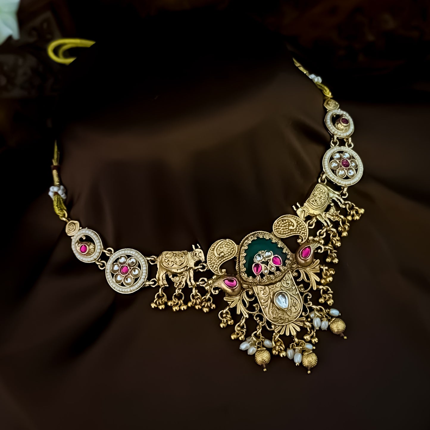 Rasina Heritage Rajwadi Necklace Set - Pink & Green