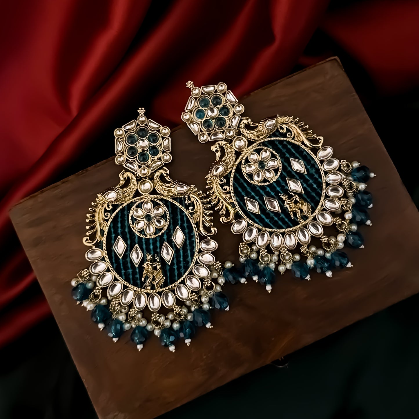 Dhwani Kundan Pearl Chandbali Earrings - Peacock Blue