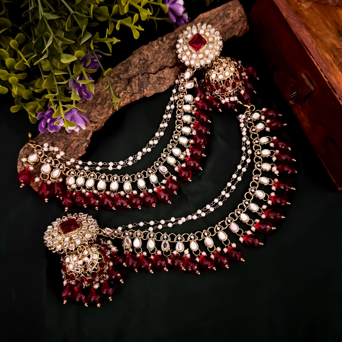 Masaba Mirror Jhumka Earrings with Sahara & Tika Set - Pink