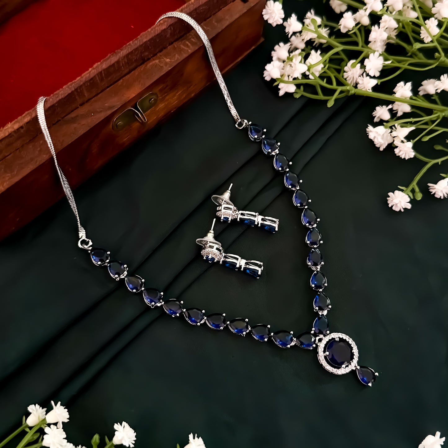 Eloise American Diamond Necklace Set- Royal Blue