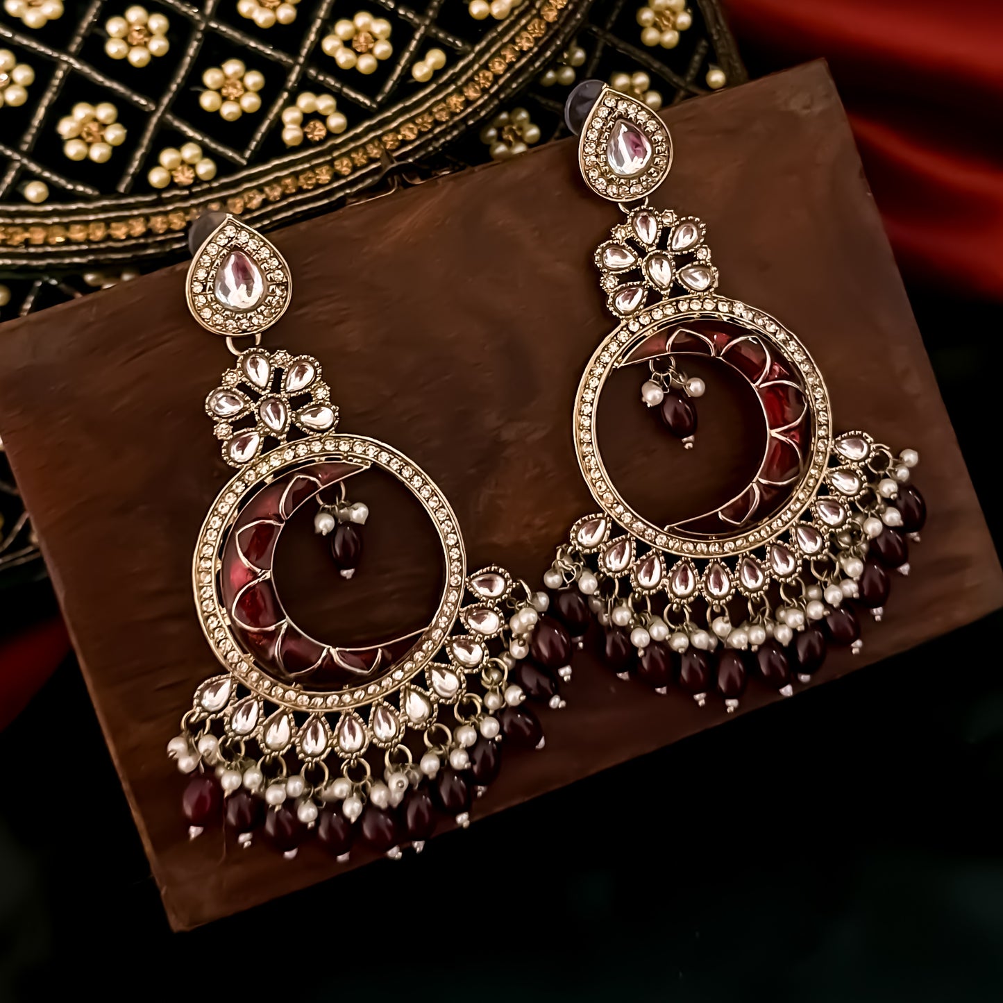 Kunica Kundan Pearl Chandbali Earrings - Maroon
