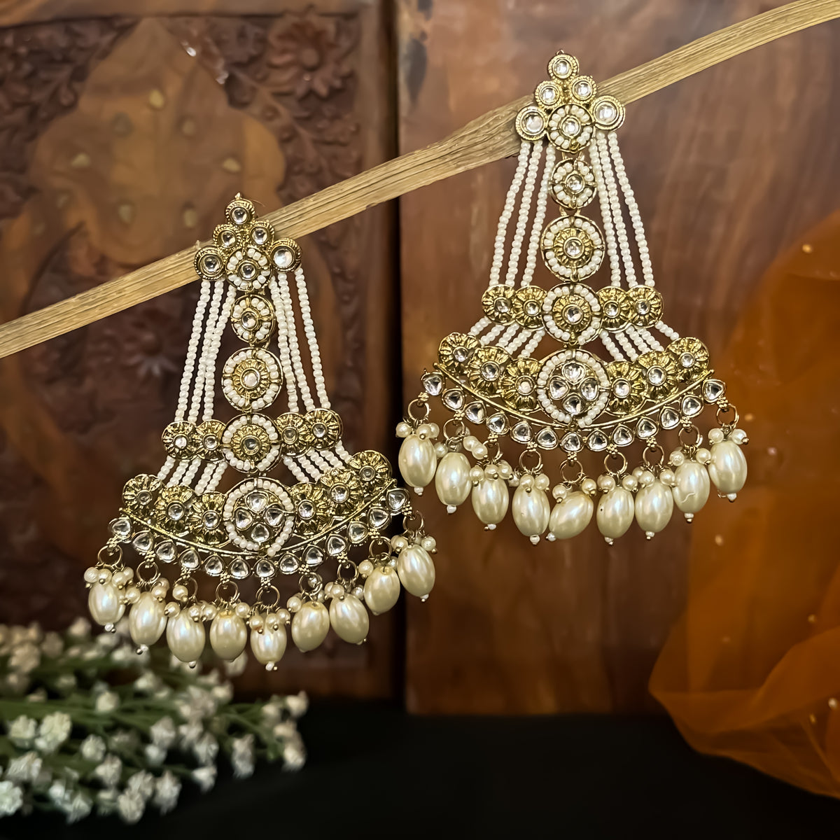 Golden Kinza Kundan Pearl Chandbali Earrings